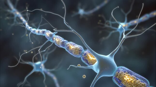 Detailed 3D medical animation of a synapse firing, neurotransmitters crossing the synaptic gap with glowing particles, realistic neural connections in vibrant colors.
