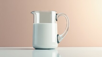 Clear glass pitcher filled with milk.