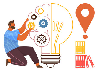 Man fitting colorful gears into a lightbulb with a location pin and document folders. Ideal for innovation, creativity, problem solving, teamwork, strategy, learning, project management. Simple flat