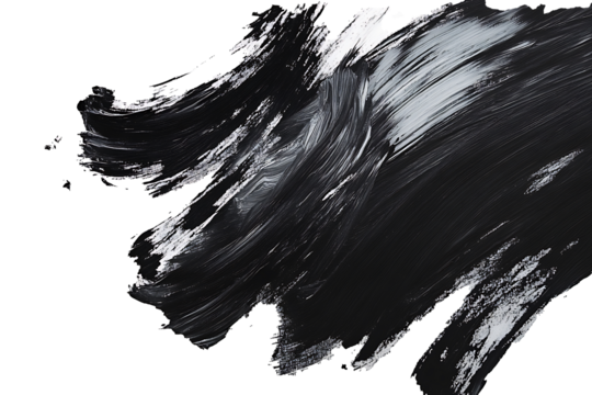 A moody charcoal gray brushstroke with raw texture and deliberate directional strokes across clean white space. 