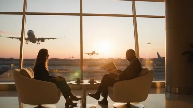 Businessman and businesswoman passengers waiting for plane departure on business travel in airport