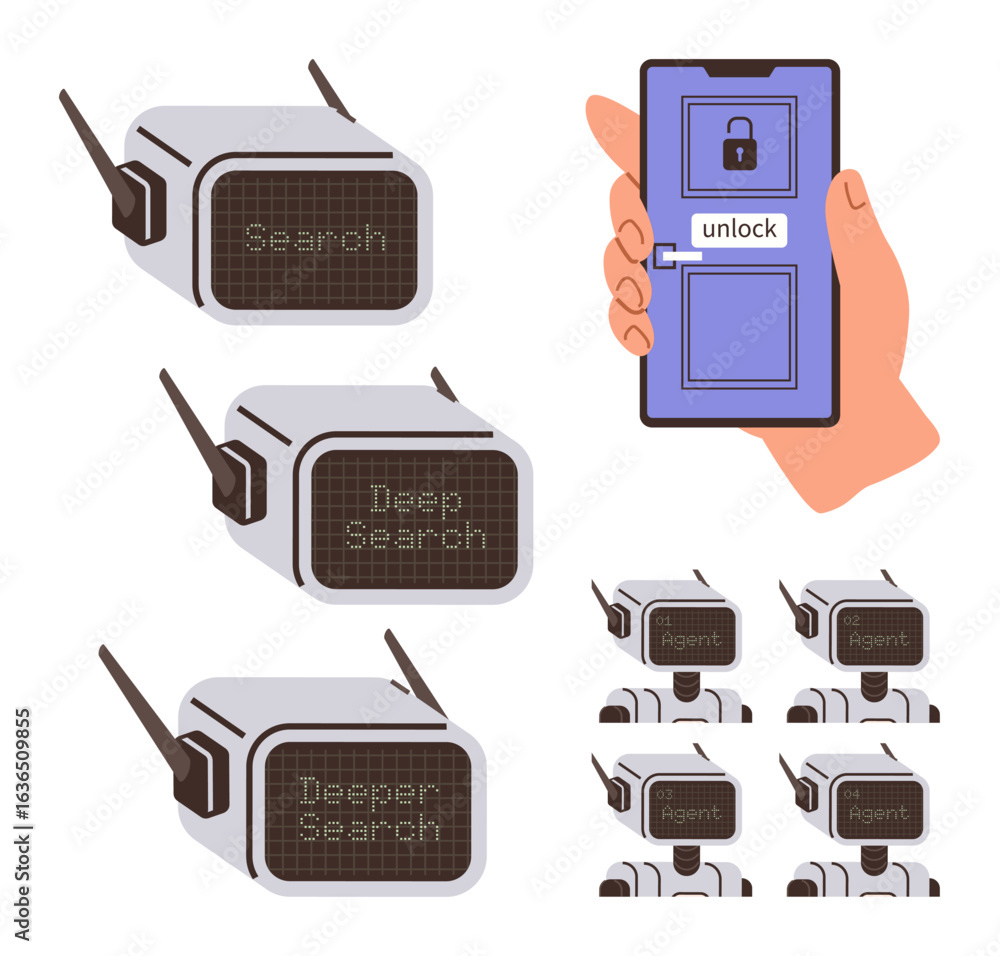 Poster robots displaying progressive search levels, search, deep search, deeper search, and ai agent variat
