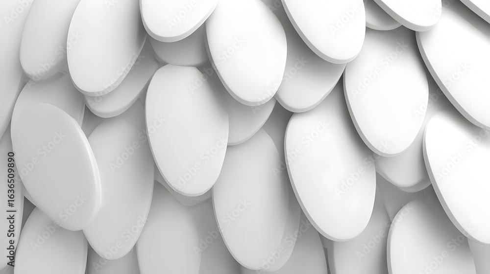 Poster abstract pattern of layered, overlapping white oval shapes.