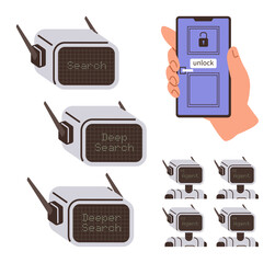 Robots displaying progressive search levels, Search, Deep Search, Deeper Search, and AI agent variations alongside a hand holding a phone with an unlock icon. Ideal for security, AI development