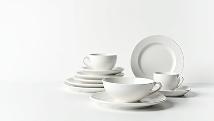 Obraz premium White porcelain tableware arranged on a white surface.