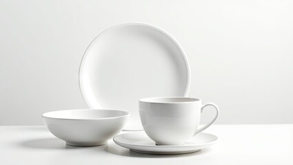 Set of white ceramic tableware on a plain background.