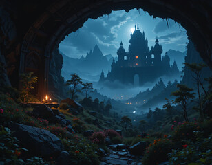 Fototapeta premium A mystical castle nestled in a valley at night, seen through a cave opening.