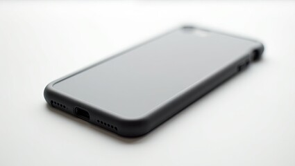 Gray smartphone case on a white surface.
