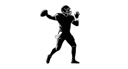 Isolated silhouette of a determined football quarterback in mid-throw action in black and white