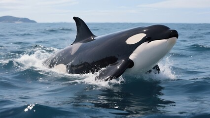 Fototapeta premium orca in the ocean, partly submerged with water splashing around it