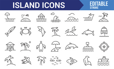Tropical island and ocean-themed icon set, including marine life and beach elements.