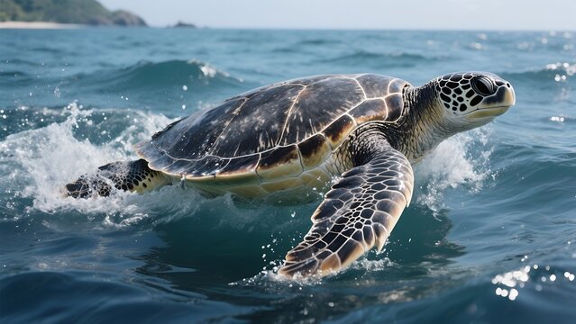 turtle swimming in the ocean, breaking the surface of the water, with visible splashes and a green