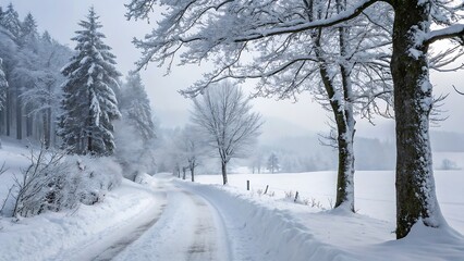 Obraz premium Scenic Winter Road Through a Snowy Forest Landscape with Trees Heavily Laden with Frost and a Foggy Sky.