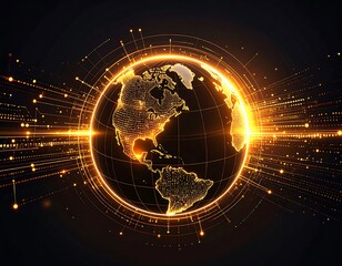 Golden, digital globe, glowing lines