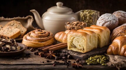 Assorted baked goods displayed on a rustic wooden table.