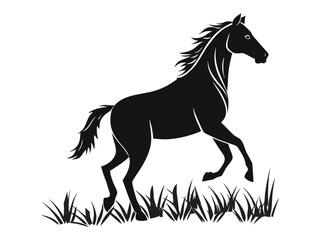 Elegant Horse Silhouette in Motion – Wild Horse Vector Illustration with Grass