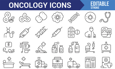 A comprehensive set of oncology and medical icons related to cancer care and healthcare practices.