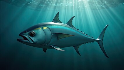 Fototapeta premium A large tuna fish swimming in deep ocean water.