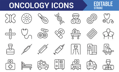 A series of icons illustrating various aspects of oncology, from treatment to medical care.