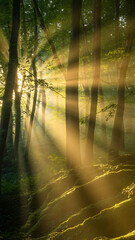 Fototapeta premium high quality Dappled sunlight in a misty forest