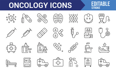Set of oncology icons representing cancer treatment, care, and healthcare symbols.