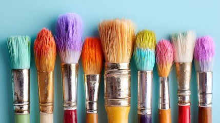 Fototapeta premium Colorful paintbrushes arranged in a row against a light blue background.