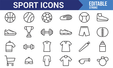 A set of illustrations showing sports equipment, fitness apparel, and team competition icons.
