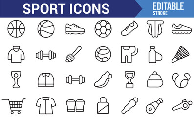 Set of sports icons illustrating basketball, football, gym equipment, and athletic apparel.