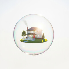 Obraz premium soap bubble containing a tiny suburban house floating on a solid white background