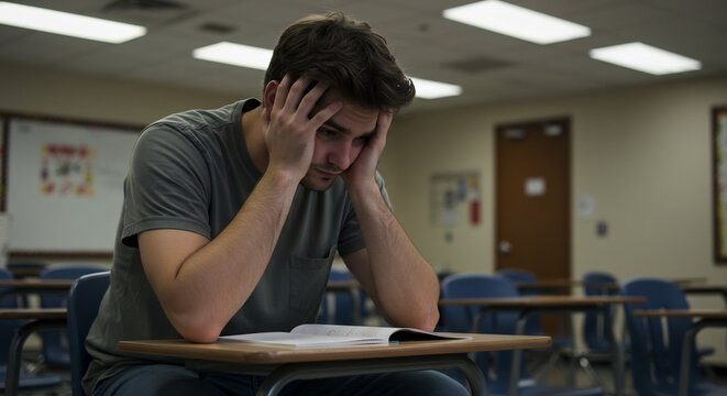 Stressed young male student with head in hands feeling overwhelmed while studying for a difficult university exam in a classroom