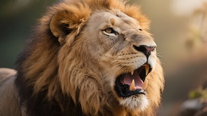 lion with an open mouth, showing its teeth and tongue, with a golden mane and intense stare, suggesting power and dominance.