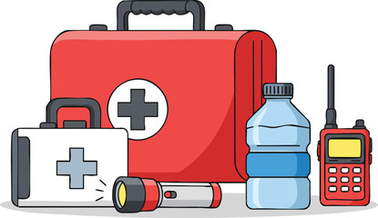 First aid and emergency survival kit essentials vector illustration