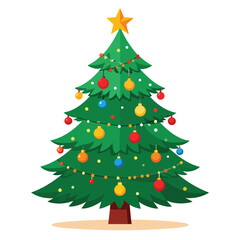 Colorful Christmas tree decorated with ornaments and lights against a white background.