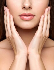 Fototapeta premium A close-up of a woman's face with her hands gently cupping her cheeks, showcasing smooth skin and soft features.
