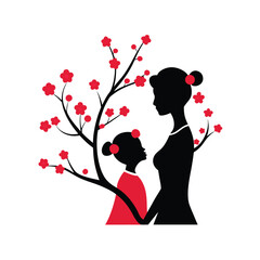 Minimalist mother and daughter silhouette intertwined vector art illustration