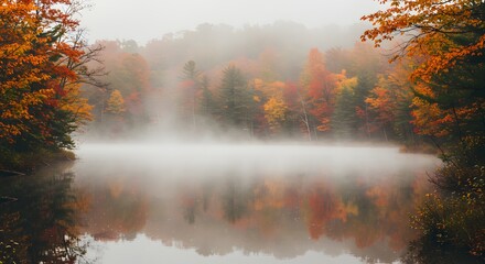 Misty Morning Fog Over Autumn Lake Reflections
