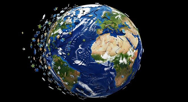 Fragmented Earth Globe: Puzzle Pieces Falling, Climate Change Concept - Powered by Adobe