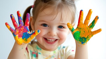 Toddler Showing Colorful Paint - Covered Palms, Joyful Art Creation Scene