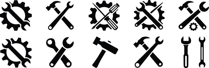 Essential tools icon set, hammer, wrench, screwdriver, gear, black vector graphics, maintenance, repair, mechanical, engineering, 
 service, equipment, utility, editable, isolated, silhouette