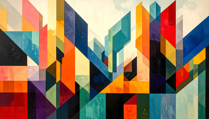 Vibrant, colorful abstract geometric painting of cityscape showing modern architecture. artwork uses cubism and perspective, creating dynamic and energetic urban feel