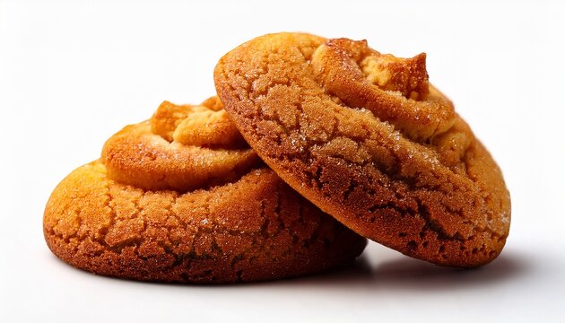 Generated imageGolden brown snickerdoodle cookies with cinnamon sugar coating, soft chewy texture, and cracks, isolated on white backdrop.