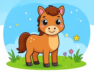 Brown funny bear and baby cow on the green grass farm with trees and cute cat icon vector cartoon animal illustration