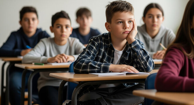 Portrait of a bored elementary schoolboy looking away thoughtfully while sitting at his desk in a classroom during a lesson.