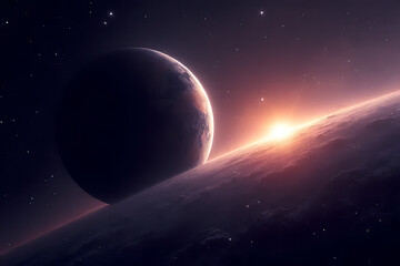 A breathtaking cosmic vista unfolds as a colossal shadowed planet eclipses a brilliant fiery sun casting a warm ethereal glow across the vast expanse of space