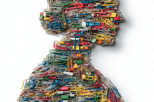 Creative sculpture formed by colorful paper clips representing a human silhouette