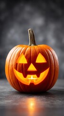 Halloween Pumpkin Lantern with Brightly Lit Face on Dark Background