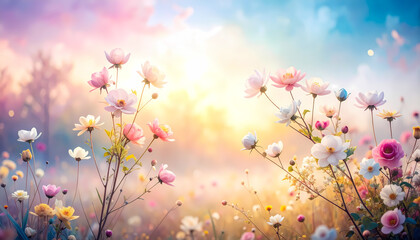 Dreamy fantasy flower field with soft pastel light background. Serene magical meadow of wildflower blossoming in sunlight, tranquil and ethereal scene evoking feelings of peace and hope