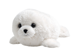 PNG of Adorable white plush seal toy with large black eyes, perfect for children's playtime or as a cuddly companion. - on Transparent or White BG