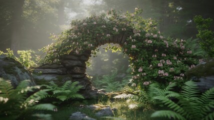 Mountain Laurel Stone Archway Adorned with Flowers and Foliage in a Misty Forest