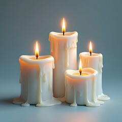 Four glowing white pillar candles with dripping wax and flickering flames on a muted background